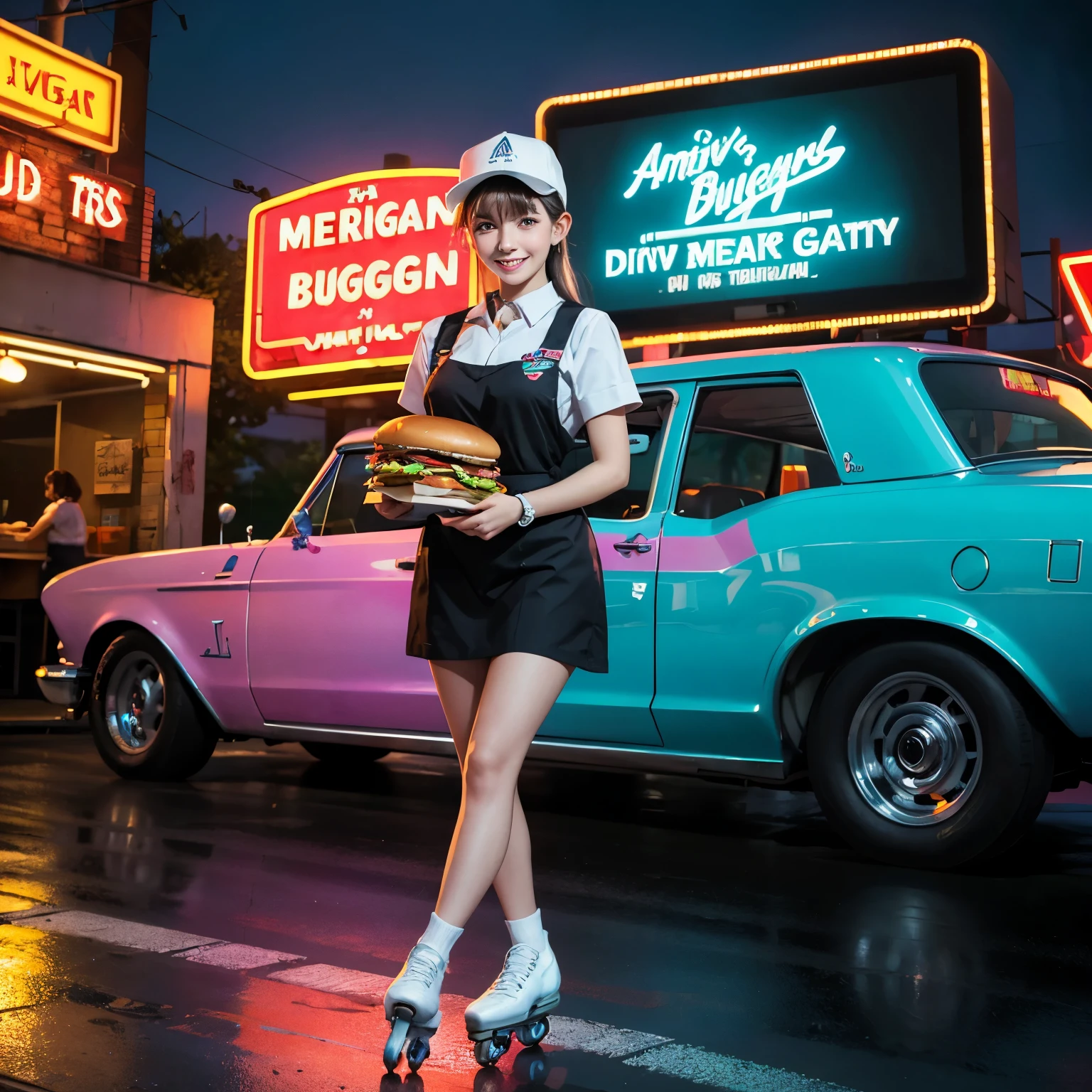 best quality, high resolution, ultra-detailed, 60s, a waitress, carrying burgers, smiling faces, roller skating, drive-in theatre, midnight, neon signage, American graffiti,