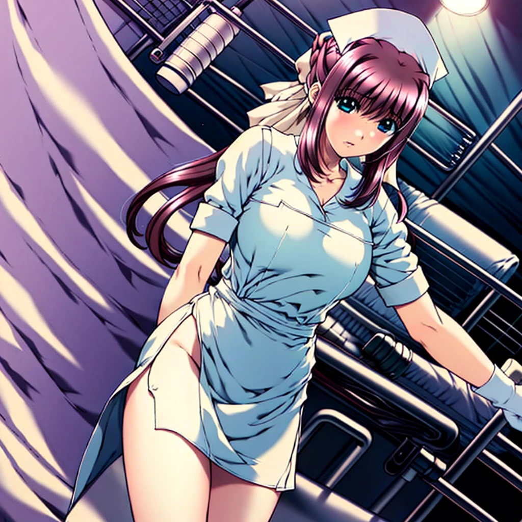 score_9, score_8_up, score_7_up, source_anime, raw image, masterpiece, highest quality, nanase ren, pale skin, her eyes are happy, long pink hair, big breasts, scrubs, apron, nurse cap, nurse uniform, long white stockings,
1girl, solo, long rubber gloves, looking down, furrowed brow, hospital bed, light shines from the ceiling, standing, patient room background, She is inquiring about the patient's condition
