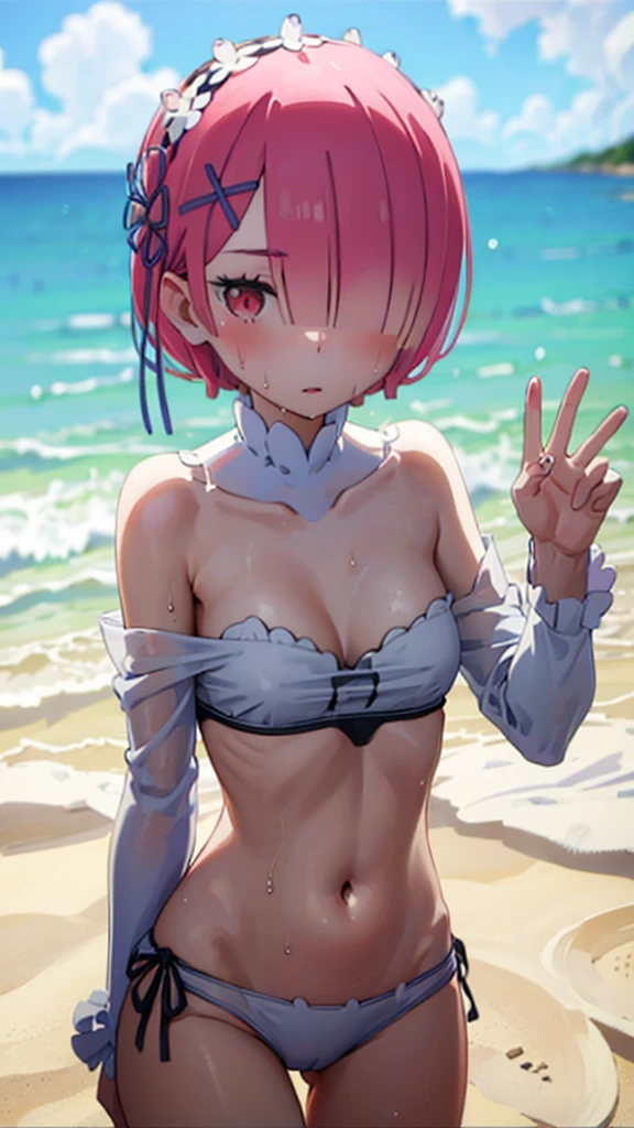 Random Swimsuit、Random pose、Random facial expressions、Swimsuits in random colors、Acme Face、Random pose、short hair、Red Hair、、hair over one eye、、nsfw、Highest quality、1 girl、独奏、Ocean、Sandy Beach、Sexy pose、Random pose、Blushing、wet、Embarrassed、Strap slip:1.3)、Random Swimsuit