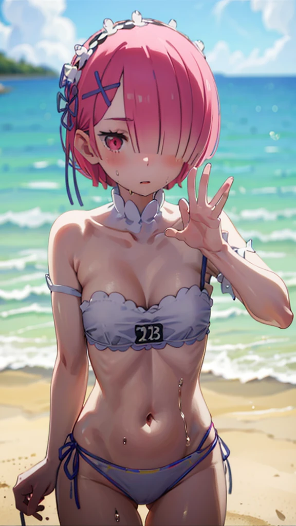 Random Swimsuit、Random pose、Random facial expressions、Swimsuits in random colors、Acme Face、Random pose、short hair、Red Hair、、hair over one eye、、nsfw、Highest quality、1 girl、独奏、Ocean、Sandy Beach、Sexy pose、Random pose、Blushing、wet、Embarrassed、Strap slip:1.3)、Random Swimsuit