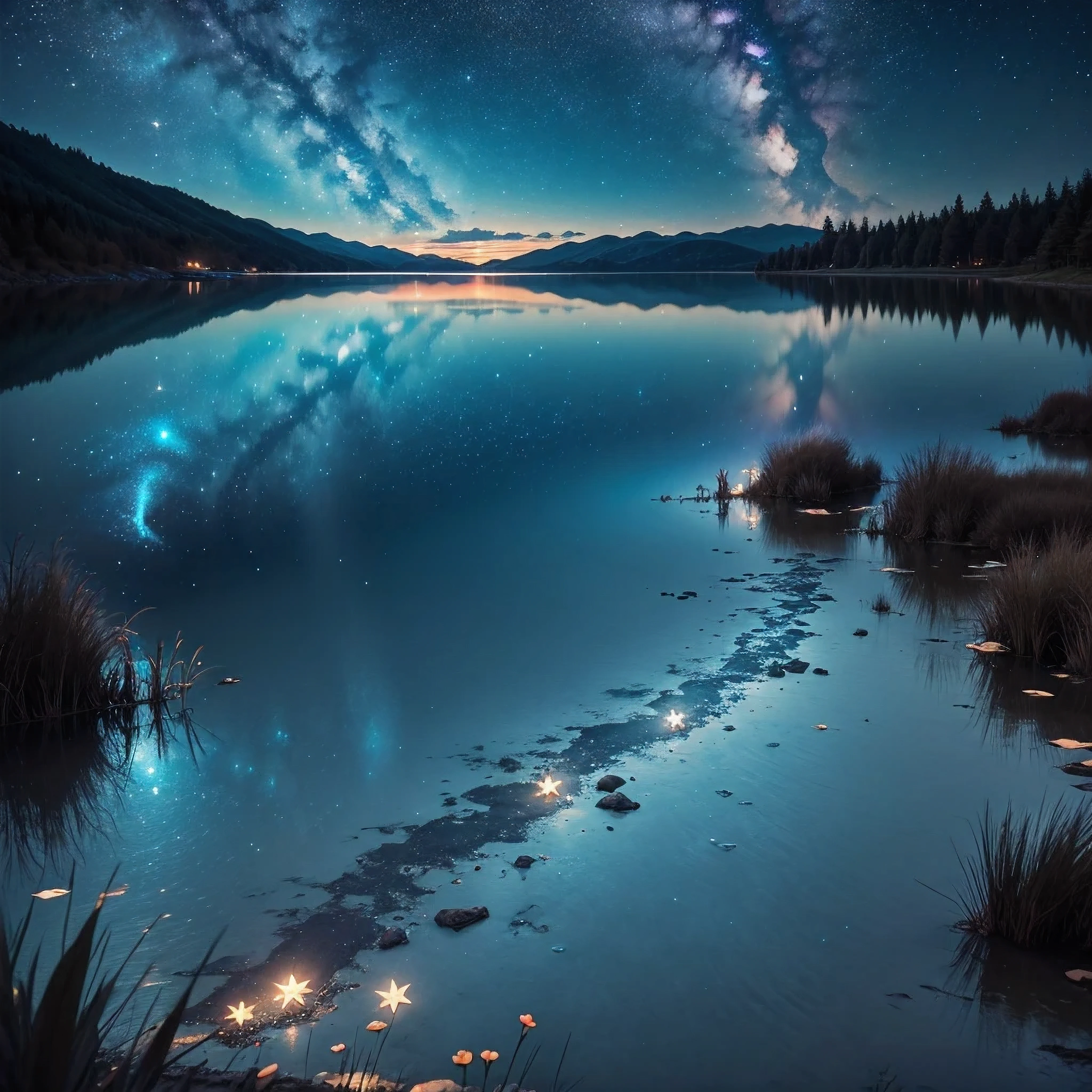 lake with night sky, with cyan star