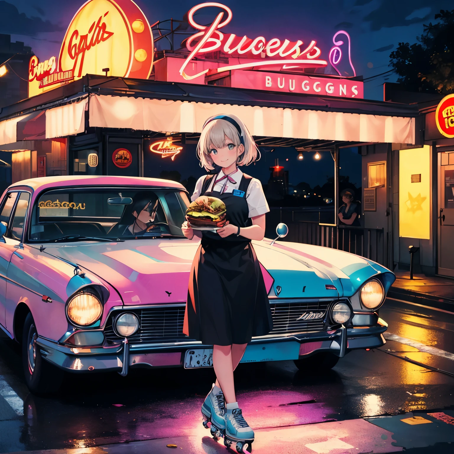 best quality, masterpiece, high resolution, ultra-detailed, 60s, a waitress, carrying burgers, smiling faces, roller skating, drive-in theatre, midnight, neon signage, American graffiti,