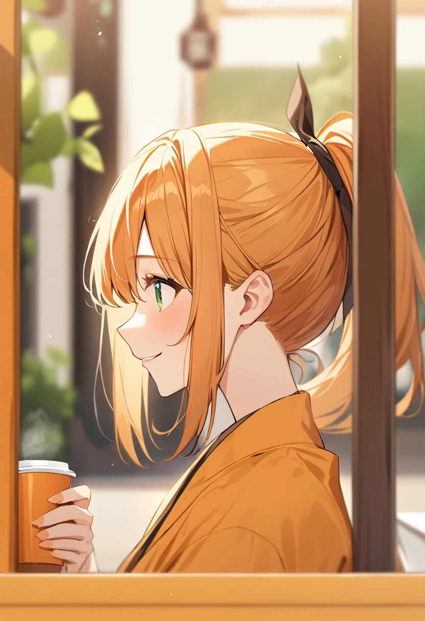 1girl、Orange clothes、Orange Hair、ponytail、Beautiful green eyes、smile、profile、Face close-up、Morning Cafe Terrace、Background blur, Written boundary depth