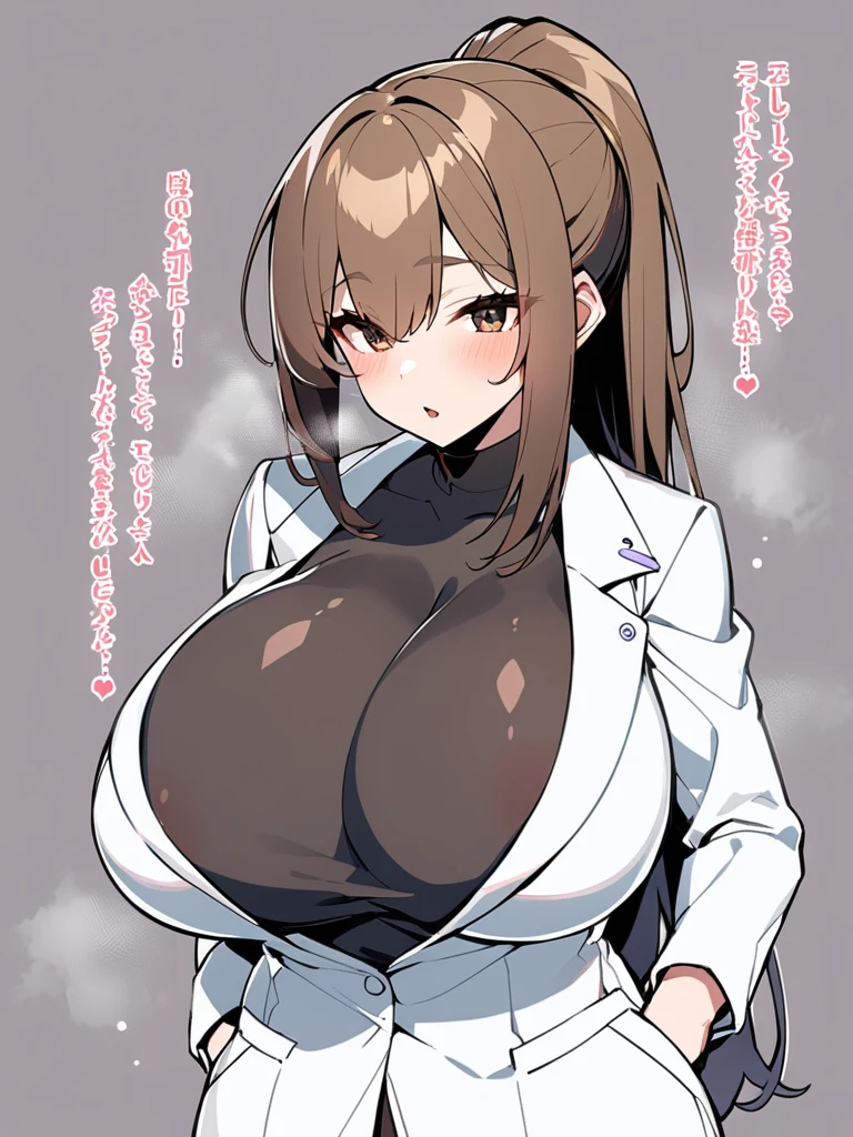 One woman、27-year-old female、Huge breasts:1.3、sagging breast:1.3、White、white coat、white gown、Black inner shirt、Black inner shirtと白いコートを着てカメラに向かってポーズをとるアニメの女の子, tits, (SFW) Safe at Work, breasts covered and SFW, (doctor), chic, Revealing clothing, Big Breasts!, have large breasts, SFW huge breasts, tits proportions, honest shinka, Big Breasts!!, honest, Whiteを着て, Cel-shaded adult animation、Brown Hair、ponytail