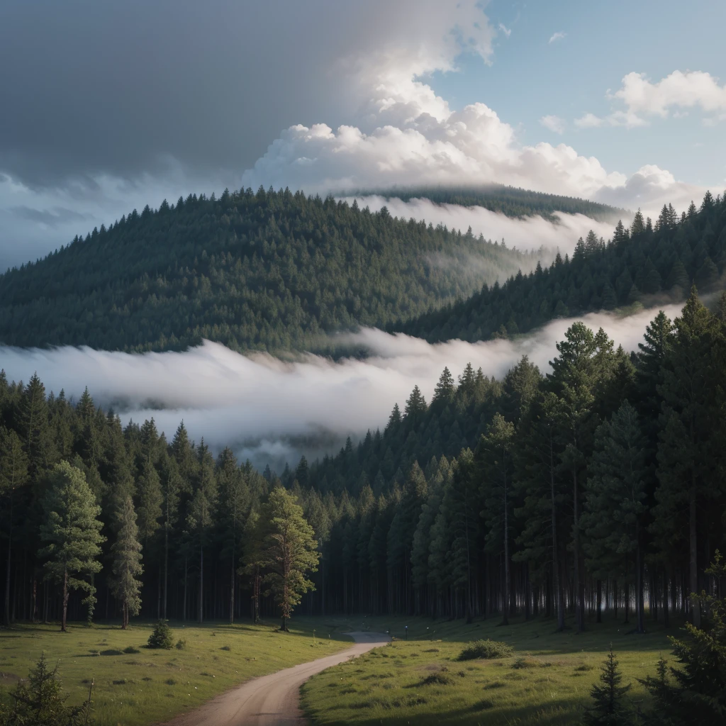 Painting of a cloudy forest with fog