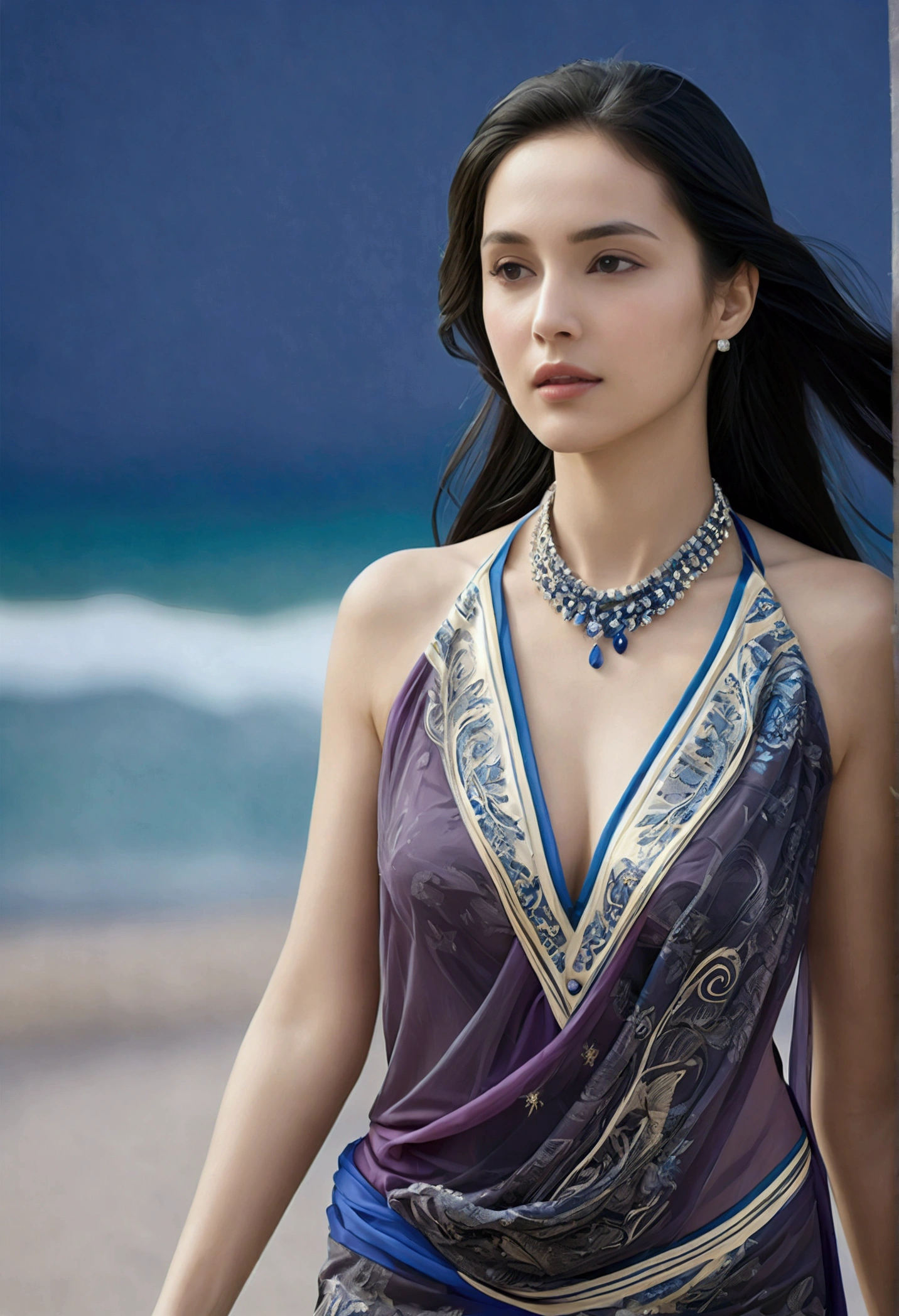 ((Masterpieces with up to 16K resolution:1.6)),Highest quality,it is really amazing,Very detailed,Ultra-high resolution,(Real:1.5),(Realistic:1.5),Increased depth of field,Cinematic Light,
Elegant mature woman,
Long black hair,(Exquisitely detailed face:1.5),Face with a gentle expression,Translucent white skin,Very sensitive skin,Great proportions,Anatomically correct body,
Sexy bikini swimwear,Artistic design,Beautiful and detailed pattern,Detailed fabric texture,Gorgeous necklace,
Coastal landscape at dusk,Dark clouds and dark sky,delay々Continuing sandy beach, Deserted Beach,Dark sea surface,
(Cowboy Shot:1.6),