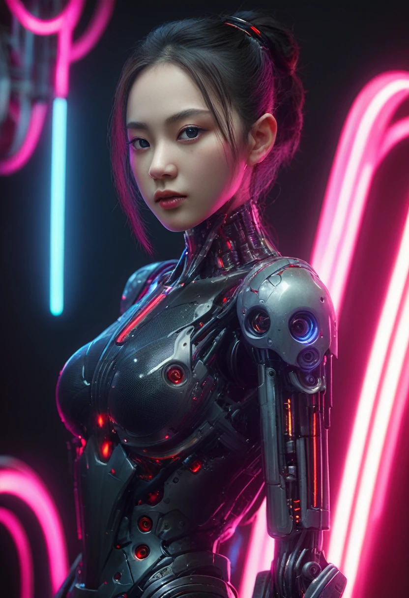 xxmixgirl. Highly detailed professional 35mm film, bokeh, face in sharp focus. A robotic female, Miku, with ((metal skin)), ((perfect Asian eyes)) with magenta irises and ((black pupils)), beautiful serious (detailed face), 18 year old ((photorealistic face)), very long magenta twin tails of magenta hair, twin black hair ties with a single red stripe. She may have a black audio headpiece. We can see her ((full body)) down to her boot soles. Her outfit is a sleeveless collared light grey shirt, outlined in red around the frilled collar and hems. Shiny reflective ((metallic breast cups, dimpleless)), invisible nipples. She wears black sleeves with red hems that start around her upper arm and bellow out as the sleeves open and extend to her wrists, with wide trumpet red rimmed cuffs. She has perfect robotic (detailed hands). She wears a red colored tie with two horizontal solid parallel black lines halfway across. She wears a fabric black skirt with a horizontal red hem at the bottom all the way around; her (((black skirt wraps around her))) and ((her skirt completely covers)) her robotic waist and thighs. Tall black boots with red bottom soles, a red rim around the top at her thighs. Her mechanical shoulder joints are visible. We can see her robotic legs and robotic neck. Half of her is covered with shiny polished machinery. The background is a distant dark neon futuristic Japanese city, gold, cyan, violet neon, near harbor or mountains.