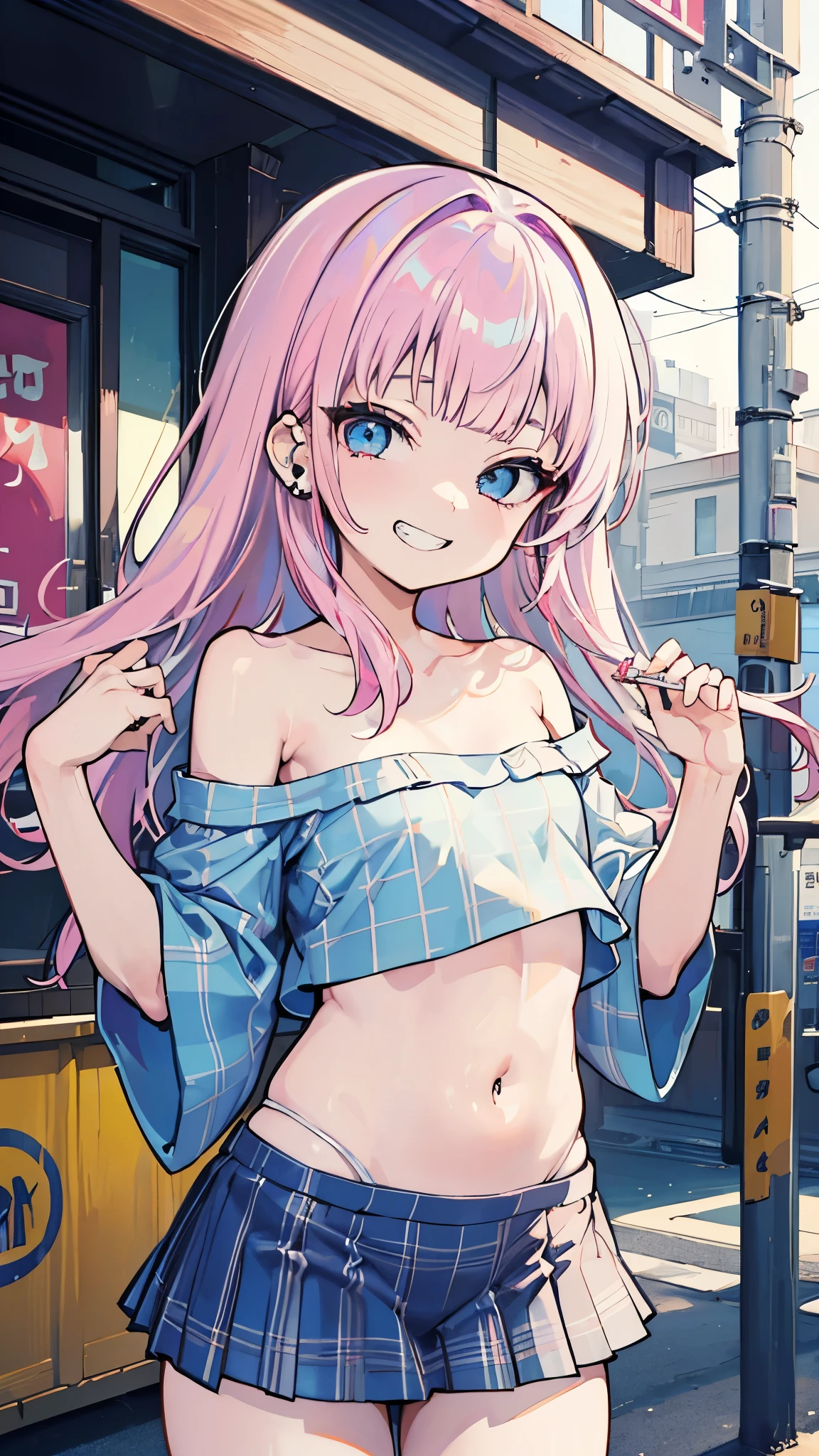 ((masterpiece、Highest quality、Very detailed))、One girl、Pink Hair、Long Hair、blunt bangs、hime cut、Light blue eyes、evil smile、((Grin))、((lots of piercings))、Small breasts、((White tight t-shirt))、((Off the shoulder))、Strapless、belly button、((light blue plaid プリーツスカート))、((kirt lift))、((white panties))、Cowboy Shot、Alley Background