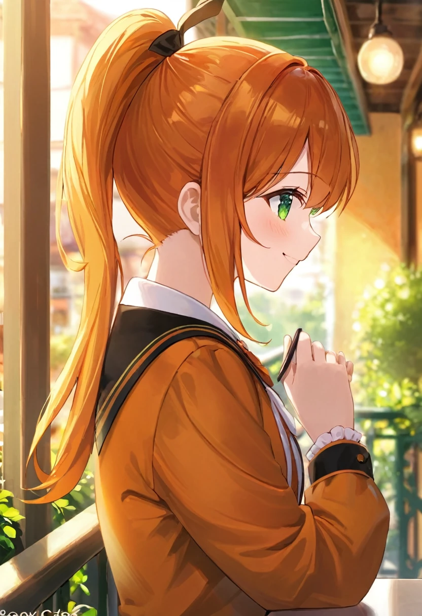 1girl、Orange clothes、Orange Hair、ponytail、Beautiful green eyes、smile、profile、Face close-up、Morning Cafe Terrace、Background blur, Written boundary depth