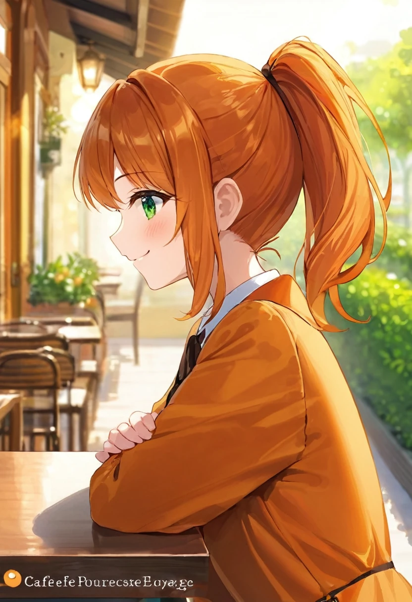 1girl、Orange clothes、Orange Hair、ponytail、Beautiful green eyes、smile、profile、Face close-up、Morning Cafe Terrace、Background blur, Written boundary depth