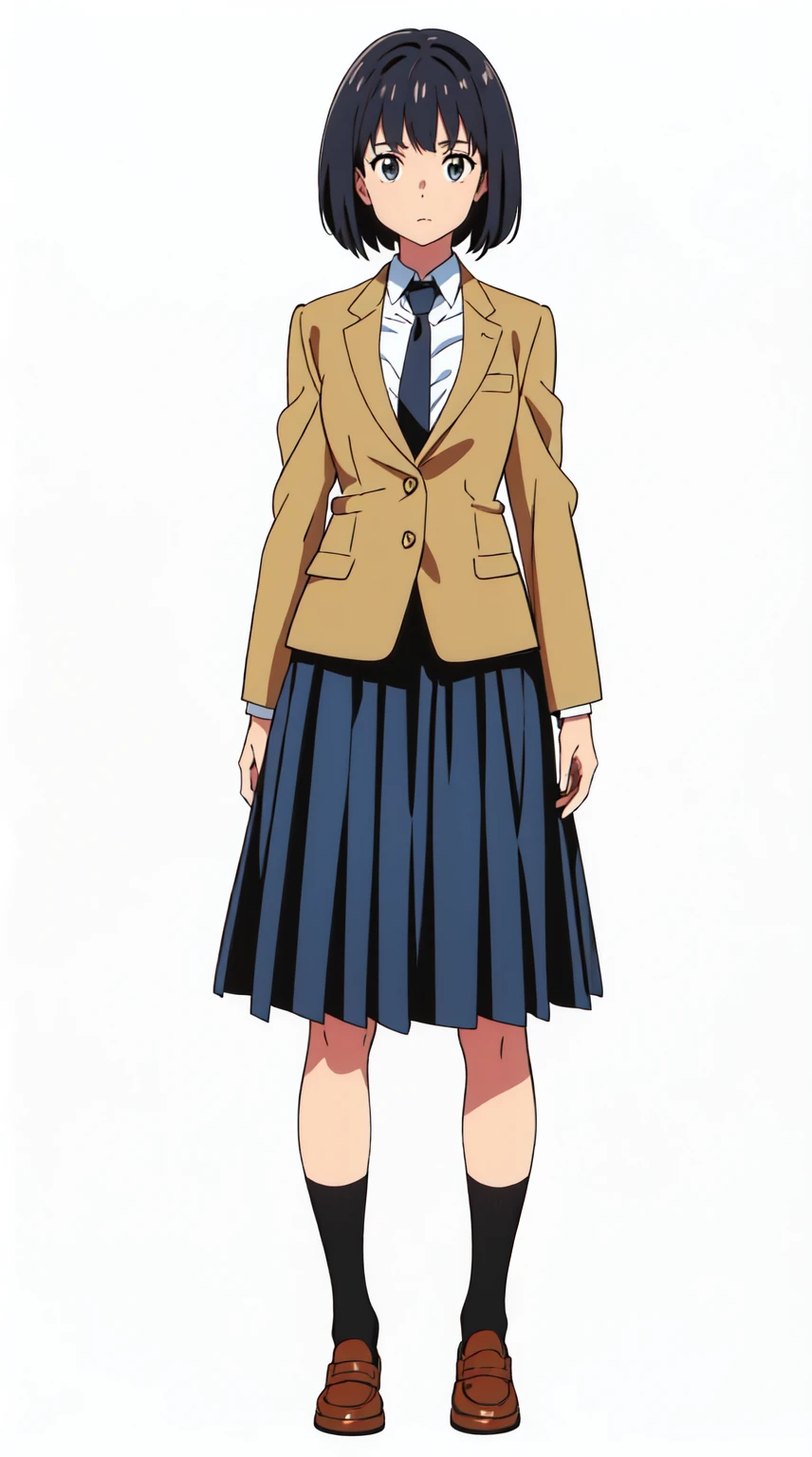 (white background:1.0), (best quality:1.0), (masterpiece:1.0), (super fine illustration:1.0), (beautiful artwork:1.0), (anime screencap:1.0), (official art:1.0), (full body:1.0), (solo:1.0), (HSGA:1.0), (a 18yo cute girl:1.0), (long skirt:1.0), (dark blue skirt:1.0), (pleated skirt:1.0), (school uniform beige blazer:1.0), (dark blue necktie:1.0), (loafers:1.0), (black socks:1.0), (ideal ratio body proportions:1.0), (lanky:1.0), (tall:1.0), (slender:1.0), (small breasts:1.0), (smaller face:1.0), (tareme:1.0), (detailed beautiful eyes:1.0), (detailed beautiful face:1.0), (glowing black eyes:1.0), (bob cut hair:1.0), (black hair:1.0), (standing:1.0), (looking at viewer:1.0)