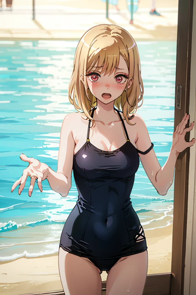Random Swimsuit、Swimsuits in random colors、Random pose、、Acme Face、Random pose、, Pale red eyes、Semi-long hair、Chestnut Hair、Sandy Beach、、、nsfw、Highest quality、1 girl、独奏、Ocean、Sexy pose、Random pose、Blushing、wet、Embarrassed、I can see half of my 、、One Piece Swimwear、(Strap slip:1.3)、Swimwear