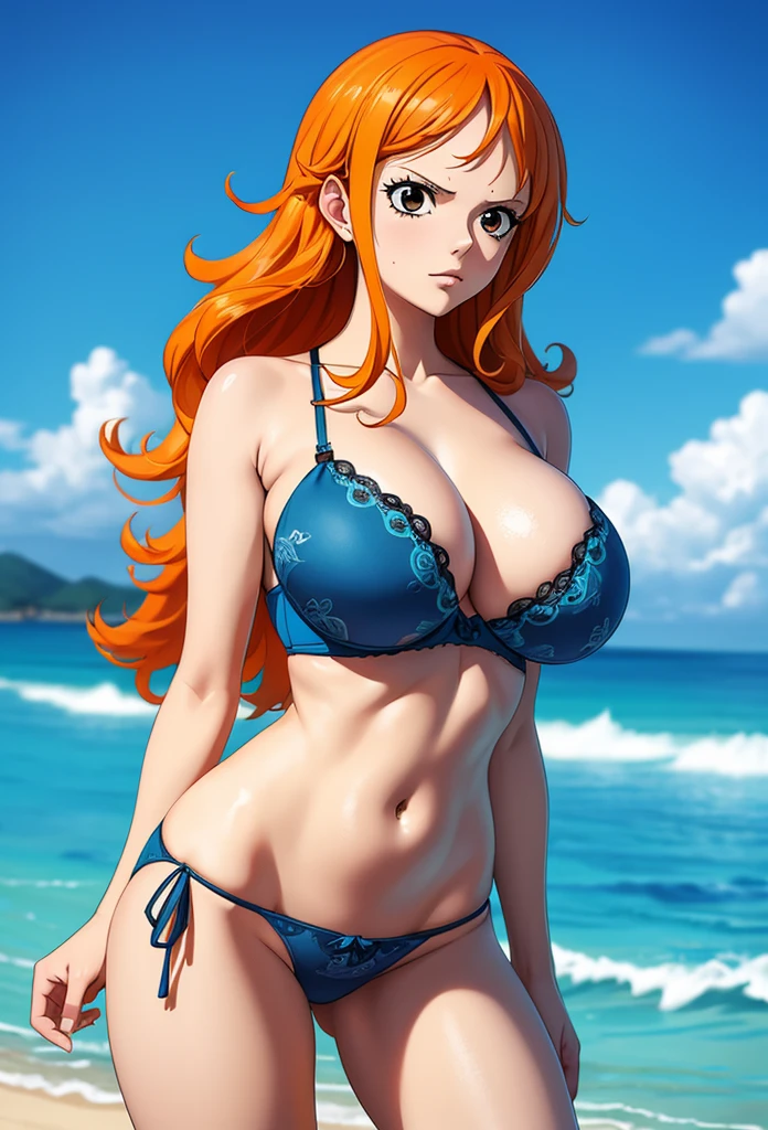 Masterpiece,Solo,1girl,Nami,(One Piece),Big Breasts,Perfect Body,Sexy Body Hot,High Quality,High Resolution,Photograph 16K,Long Hair,Orange Hair,Beautiful,Beautiful Woman,Tatto In The Left Arm,Sexy Bra And Panties,Beach Background 