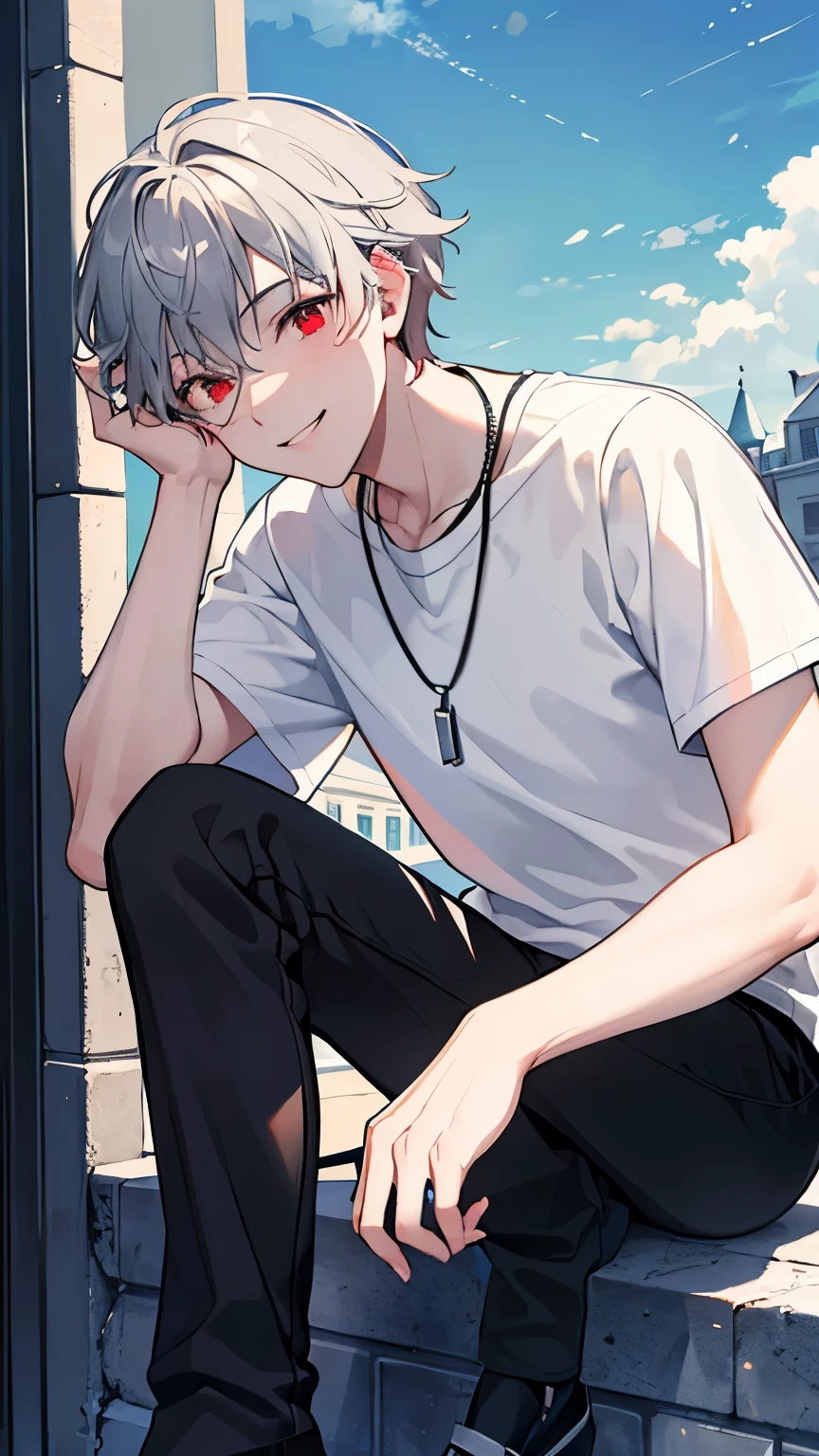 (masterpiece, Highest quality:1.2), (Ultra detailed face), (Very beautiful face), whole body, alone, Tall Boy, be patient, Male Focus, One boy, smile, Cheeky Pose,Gray Hair, Red eyes,Red Eyes, Clear eyes, Beautiful Eyes, Beautiful attention to detail, Black and white t-shirt, necklace,Short sleeve, Black trousers, Beautiful sky, Beautiful sky,Beautiful city,City, Dynamic Angle Information