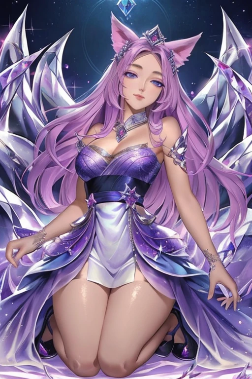 ((best quality)), ((masterpiece)), (detailed), detailed eyes, detailed hands, full-body image, humanoid kitsune, diamond crown, light purple hair, light purple fox ears, purple clear crystal fox tails, purple crystal star shape marking on forehead, delicate and beautiful detailing, beautiful clear face and well-proportioned detailed eyes, round detailed eyes and makeup, beautiful detailed and clear eyes, volume smooth and sharp, long flat bangs, fictional art, best photos, high resolution, best quality, best photos, very beautiful and meticulous crystal star shape forehead marking, delicate, mouth closed, not fully smiling