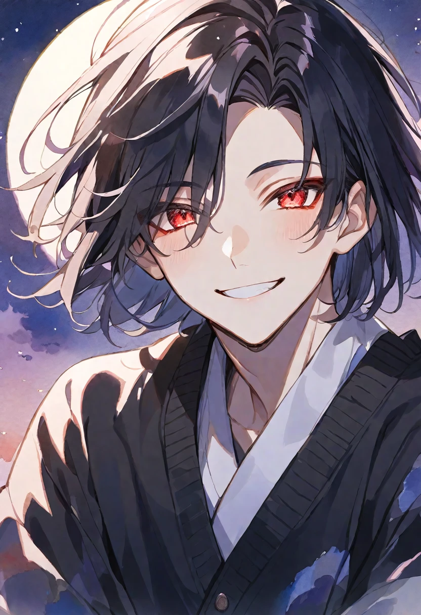 solo, handsome, Watercolor ,
1. male,
Straight hair, Bob hair,black Hair,red eyes&Soft look ,
Gojo Satoru,18 years old,black cardigan,skin,smile,moon background
