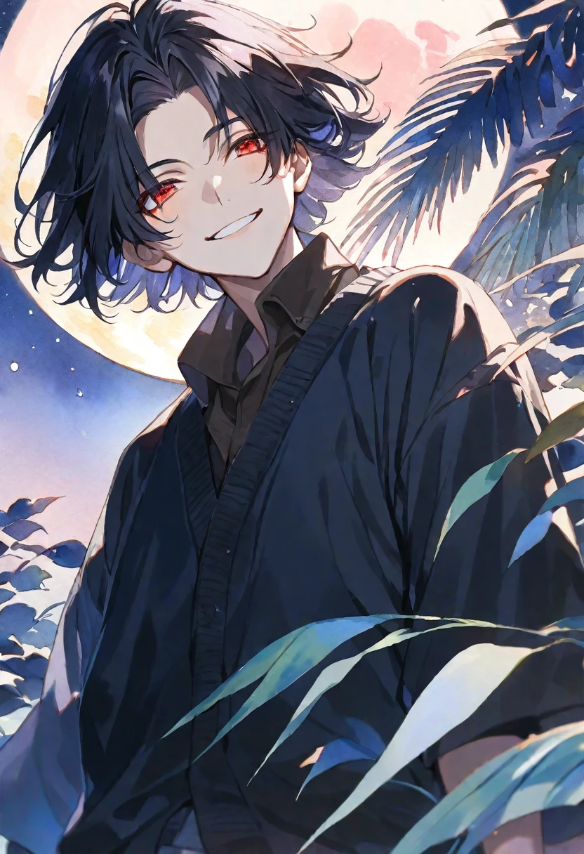 solo, handsome, Watercolor ,
1. male,
Straight hair, Bob hair,black Hair,red eyes&Soft look ,
Gojo Satoru,18 years old,black cardigan,skin,smile,moon background