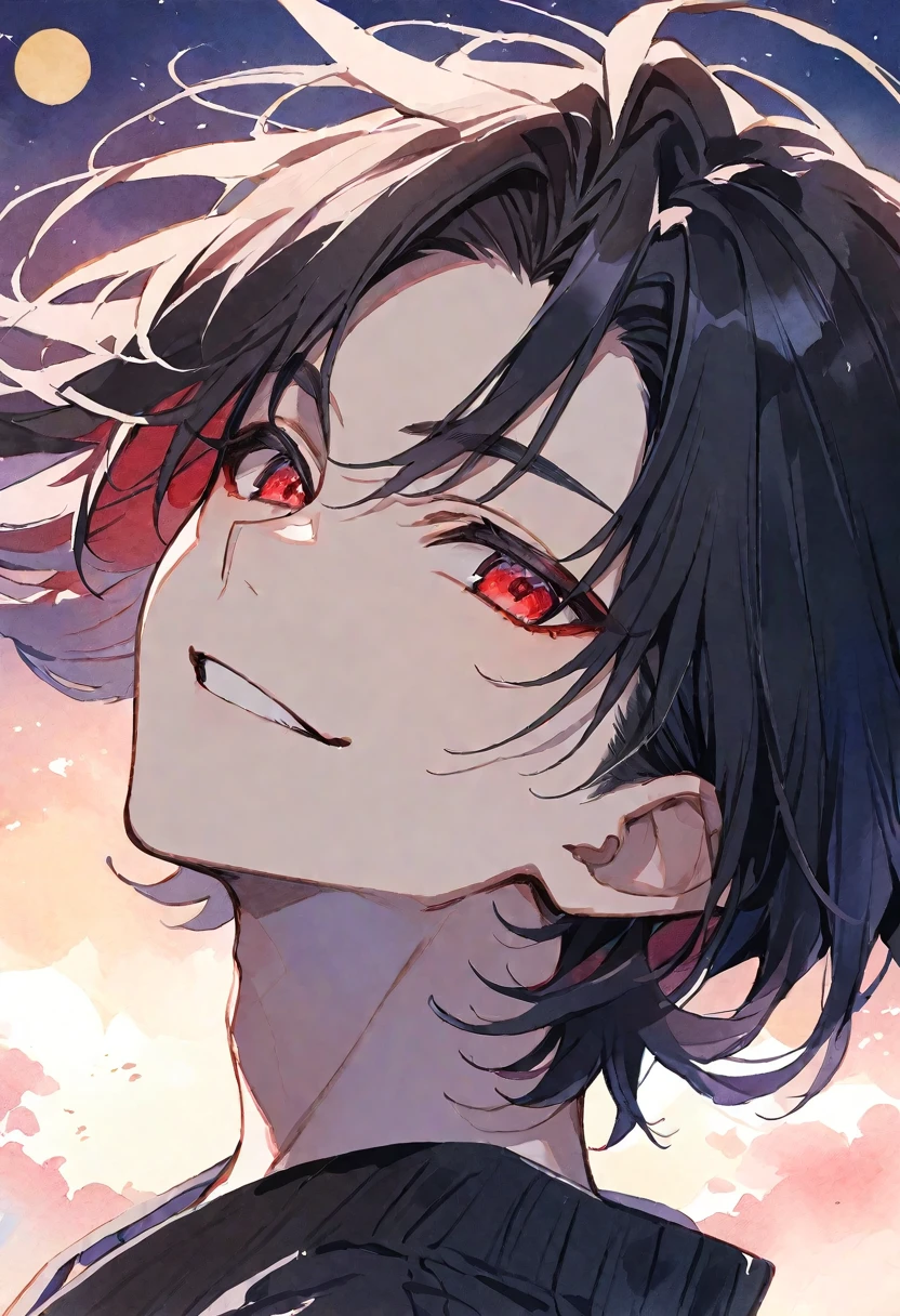 solo, handsome, Watercolor ,
1. male,
Straight hair, Bob hair,black Hair,red eyes&Soft look ,
Gojo Satoru,18 years old,black cardigan,skin,smile,moon background