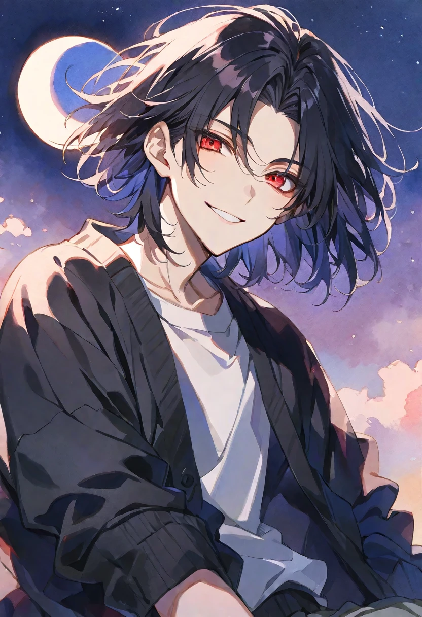 solo, handsome, Watercolor ,
1. male, 
Straight hair, Bob hair,black Hair,red eyes＆Soft look ,
Gojo Satoru,18 years old,black cardigan,skin,smile,moon background