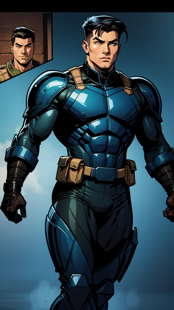 21-year-old man , middle black hair, muscular, military suit, COMIC STYLE