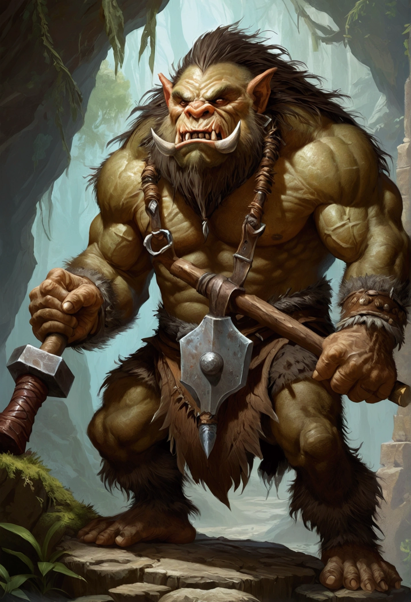 there is a painting of a troll with a hammer in his hand, bugbear, bugbear ranger, raging bugbear, epic full color illustration, grog strongjaw, fur-clad barbarian goliath, a druid, gnoll, tyler edlin fantasy art, troll, humblewood art style, high fantasy illustration, druid warrior, amazingly detailed d & d art