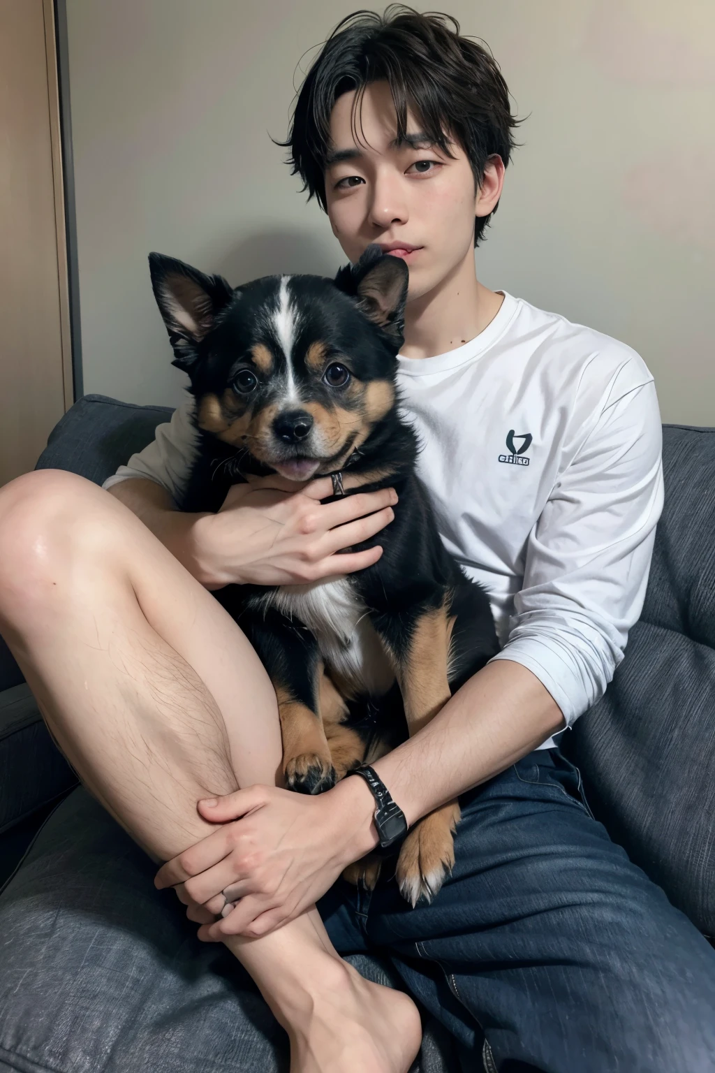 A  with a puppy on his lap.