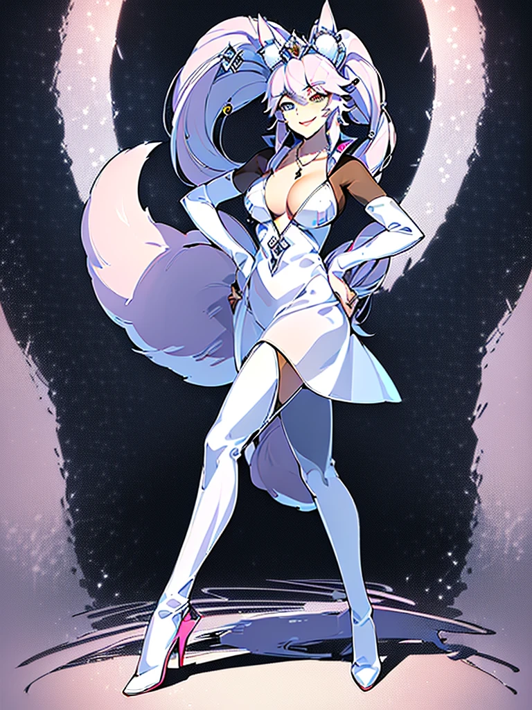 great quality ++ Extremely detailed high resolutionolution, very aesthetic, expressive eyes, (((Perfect face))), (((face symmetrical))), ((good anatomy)), (((perfect hands))), (((8k))), UHD, hd wallpaper, (((detailed high cal, (((((1girl)))))), only, Masterpiece, The best quality, high resolution, Highly detailed, (illustration), Beautiful detailed eyes, ((((full body))), (((solo))), (((((koyan-la1))))), (((cosplay of Weiss Schnee))), (((smiling))), (((fusion))), (((agglutination))), (((Combination))), (((((Whitehair))))), (((blue eyes))), (((ponytail))), (((white dress))), (((jewelry))), (((necklace))), (((earrings))), only, jaeces, earrings, long hair, parody, (((scar))), (((scar ocular))), (((hair ornament))), (((office background))), (((hand on hip))), (((strolling))), Side ponytail, scar en la cara, Upper part of the body, (((fox tail))), (((fox ears))), (((tiara))), (((jewelry))), (((earrings))), (((neckline trimming))),