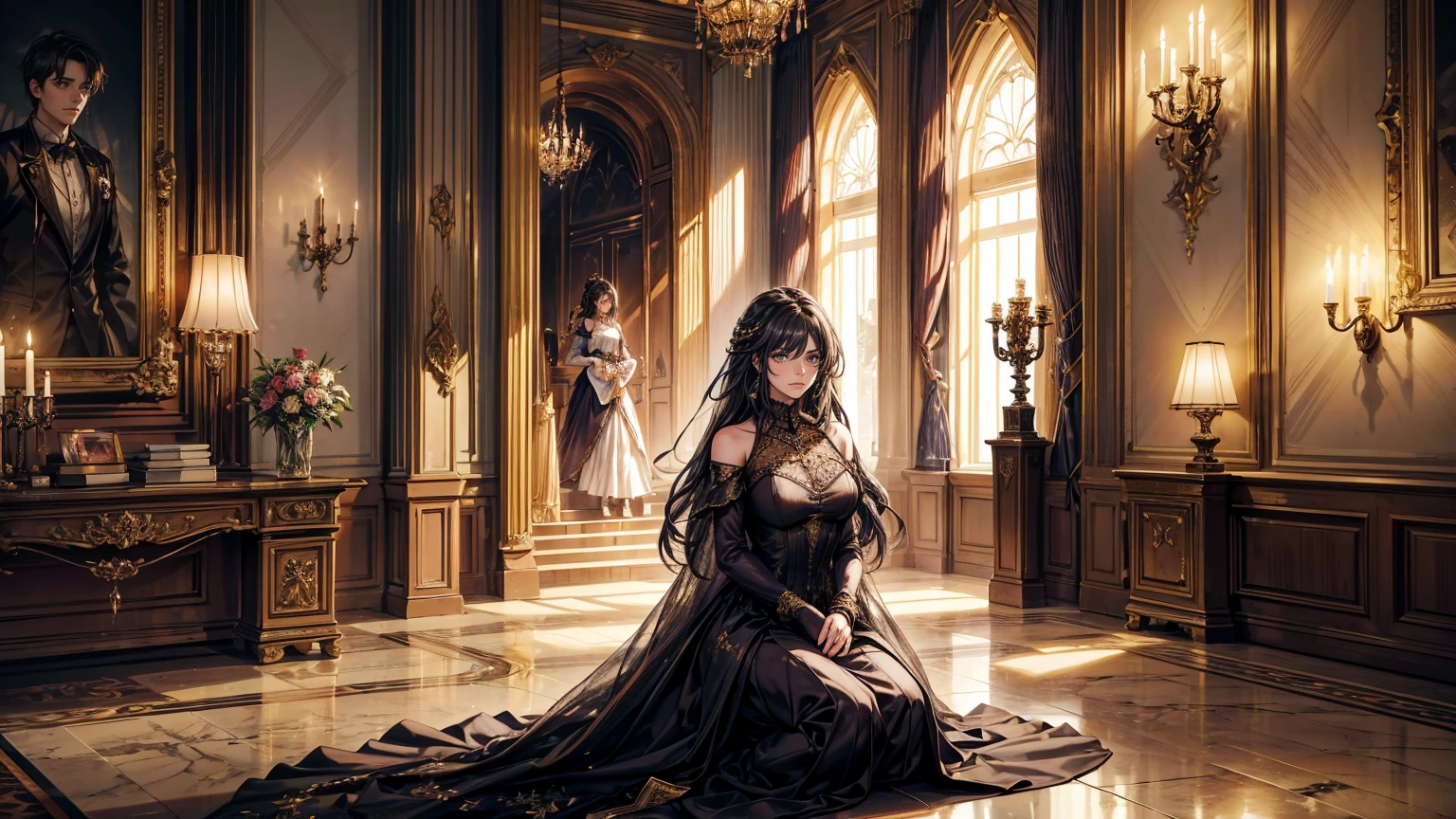 A scene of a sad and lonely young woman sitting in a dark corner of a large and opulent room. Her family is in the background, with the brother in the center, receiving attention and applause. The young woman should be depicted in darker and cooler colors, while the family is in warm and bright tones.