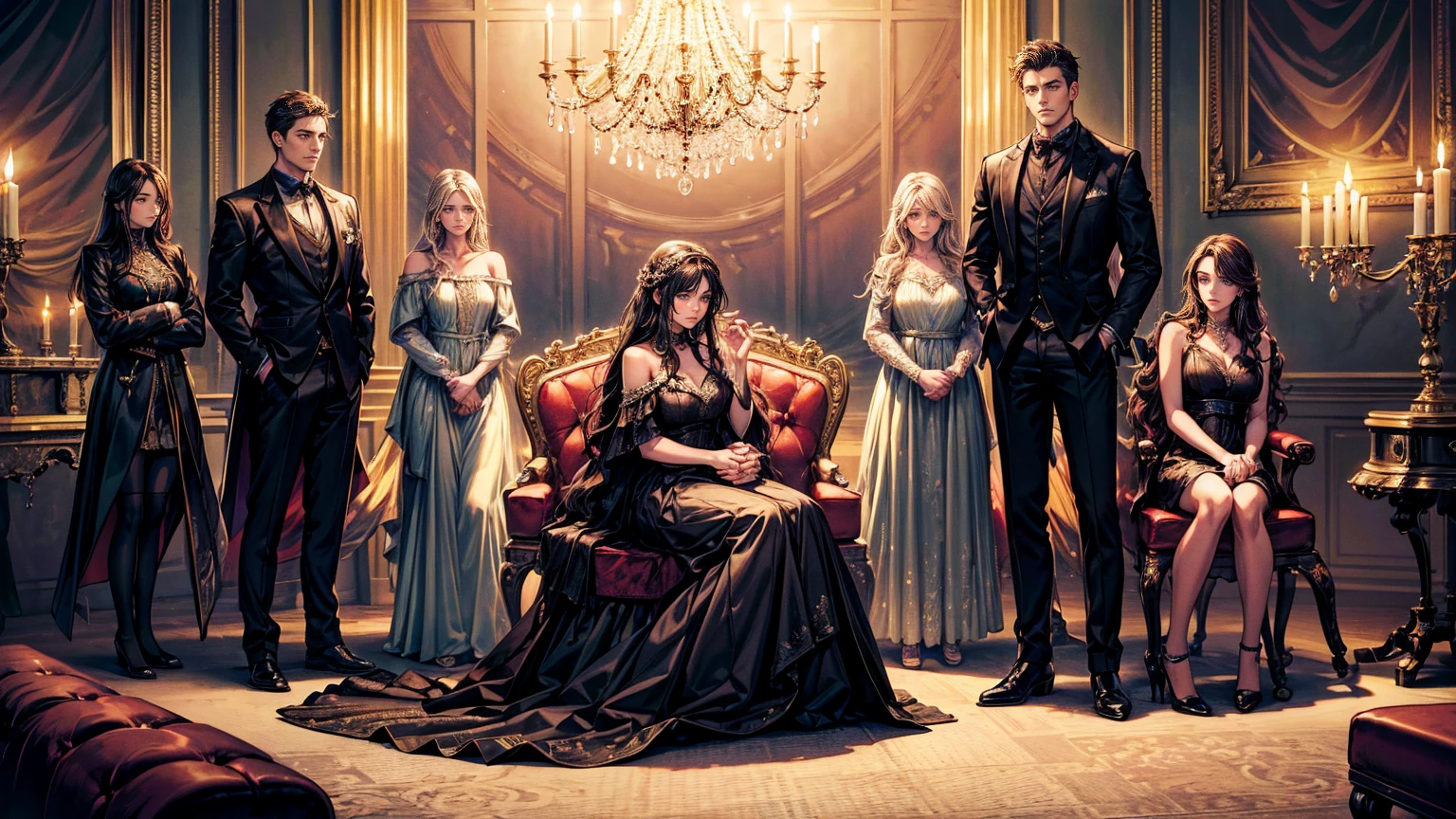 A scene of a sad and lonely young woman sitting in a dark corner of a large and opulent room. Her family is in the background, with the brother in the center, receiving attention and applause. The young woman should be depicted in darker and cooler colors, while the family is in warm and bright tones.

