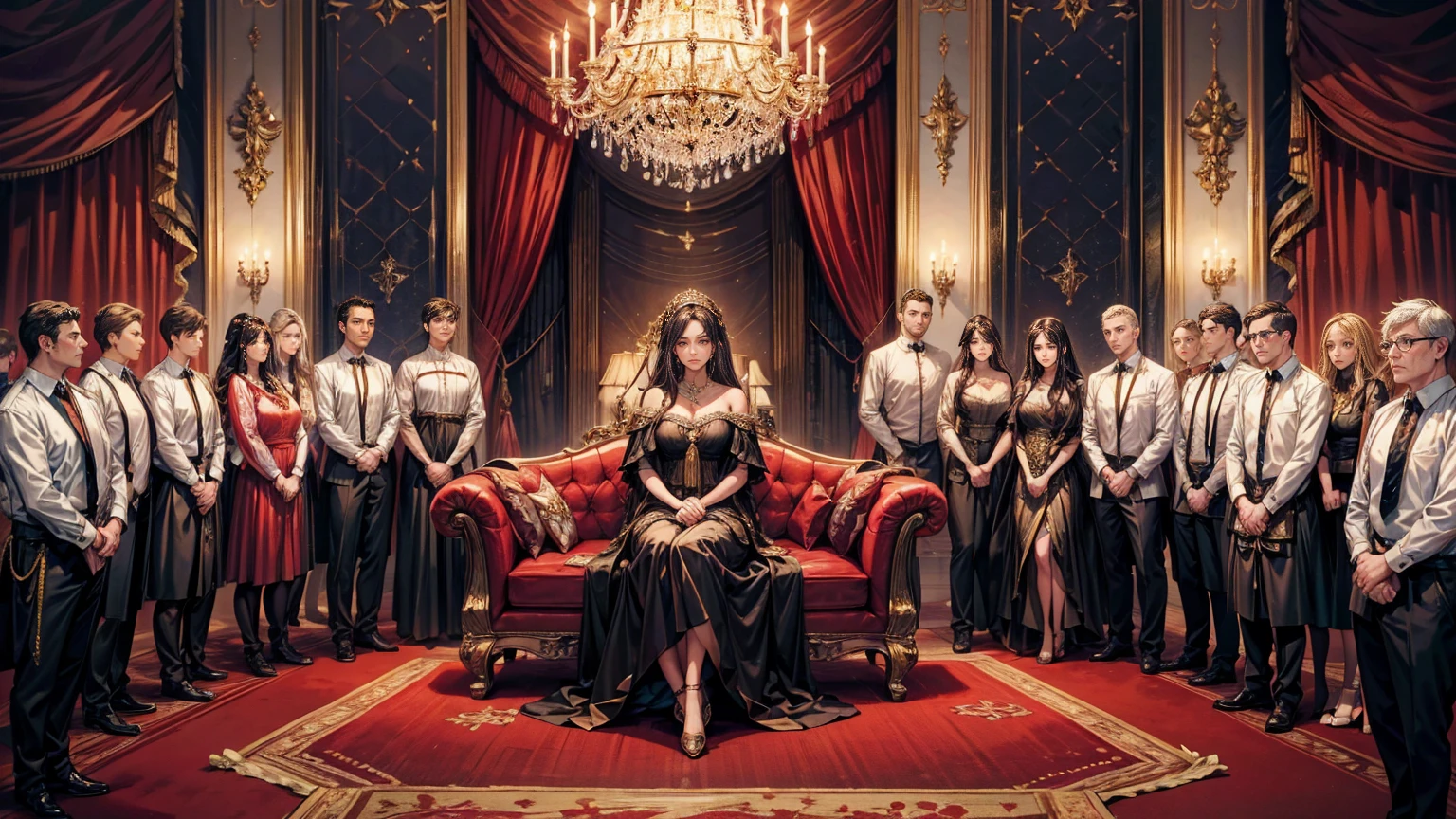 A scene of a sad and lonely young woman sitting in a dark corner of a large and opulent room. Her family is in the background, with the brother in the center, receiving attention and applause. The young woman should be depicted in darker and cooler colors, while the family is in warm and bright tones.

