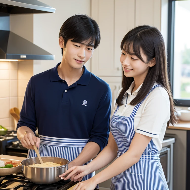 (Highest quality, Masterpiece: 1.3, Super Hi-Res), 1 Japanese woman, 1 Japanese man, 20 years old, in restaurant kitchen, wearing navy blue polo shirt, striped apron, uniform, ((cooking)), teaching cooking, teaching, teaching work,