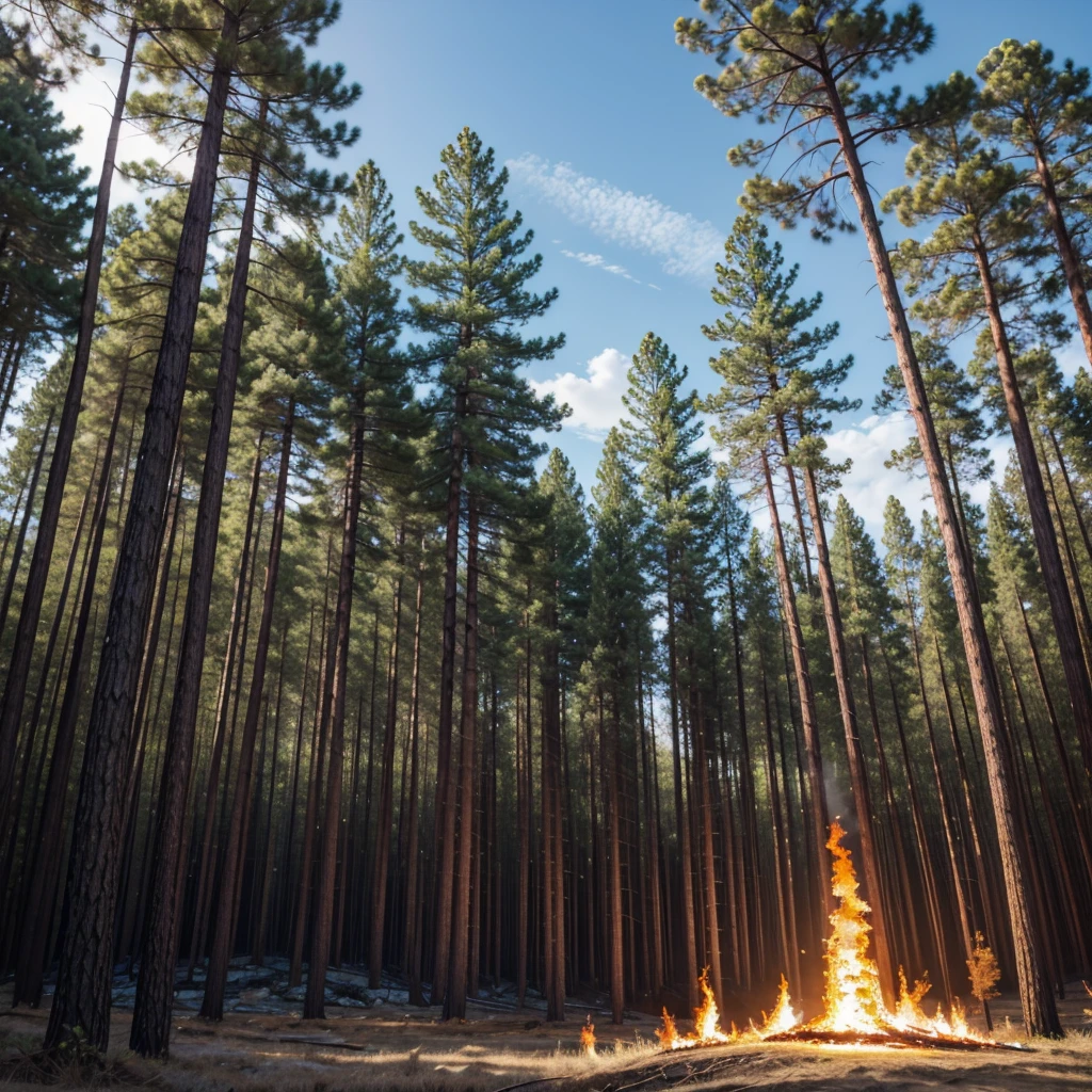 Pine forest and a burning steel