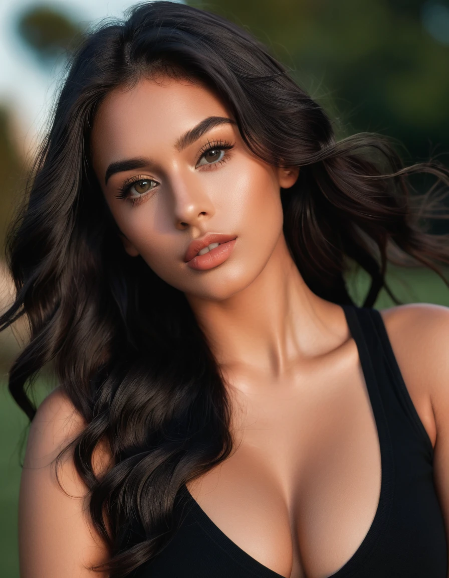 (best quality,4k,highres, highres face details), black long wavy hair, wearing a black polo shirt, 18 years old, instagram model, 36DD breast, pretty face, dark makeup, fake lashes, natural lips, dark skin, she is skinny, athletic body, she is caucasian, golden hour, huge breast 36DD, posing, sexy, sensual vibes, whole body image, from head to toes