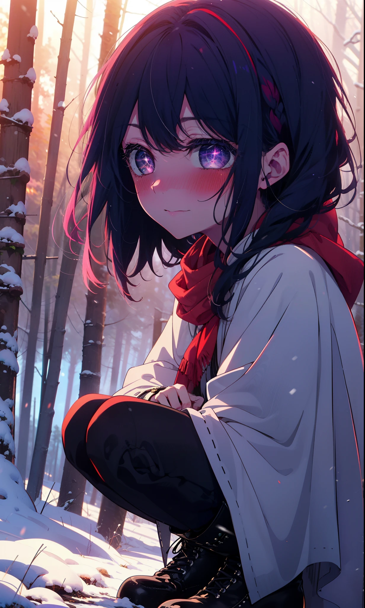 aihoshino, Ai Hoshino, Long Hair, bangs, (Purple eyes:1.1), Purple Hair, (Symbol-shaped pupil:1.5), smile,,smile,blush,White Breath,
Open your mouth,snow,Ground bonfire, Outdoor, boots, snowing, From the side, wood, suitcase, Cape, Blurred, , forest, White handbag, nature,  Squat, Mouth closed, Cape, winter, Written boundary depth, Black shoes, red Cape break looking at viewer, Upper Body, whole body, break Outdoor, forest, nature, break (masterpiece:1.2), Highest quality, High resolution, unity 8k wallpaper, (shape:0.8), (Beautiful and beautiful eyes:1.6), Highly detailed face, Perfect lighting, Extremely detailed CG, (Perfect hands, Perfect Anatomy),