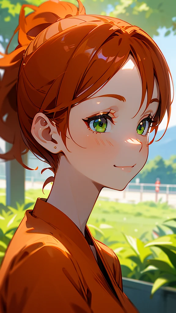 1 Girl、Orange clothes、Orange Hair、ponytail、Beautiful green eyes、smile、profile、Face close-up、Morning Cafe Terrace、Background blur, Written boundary depth