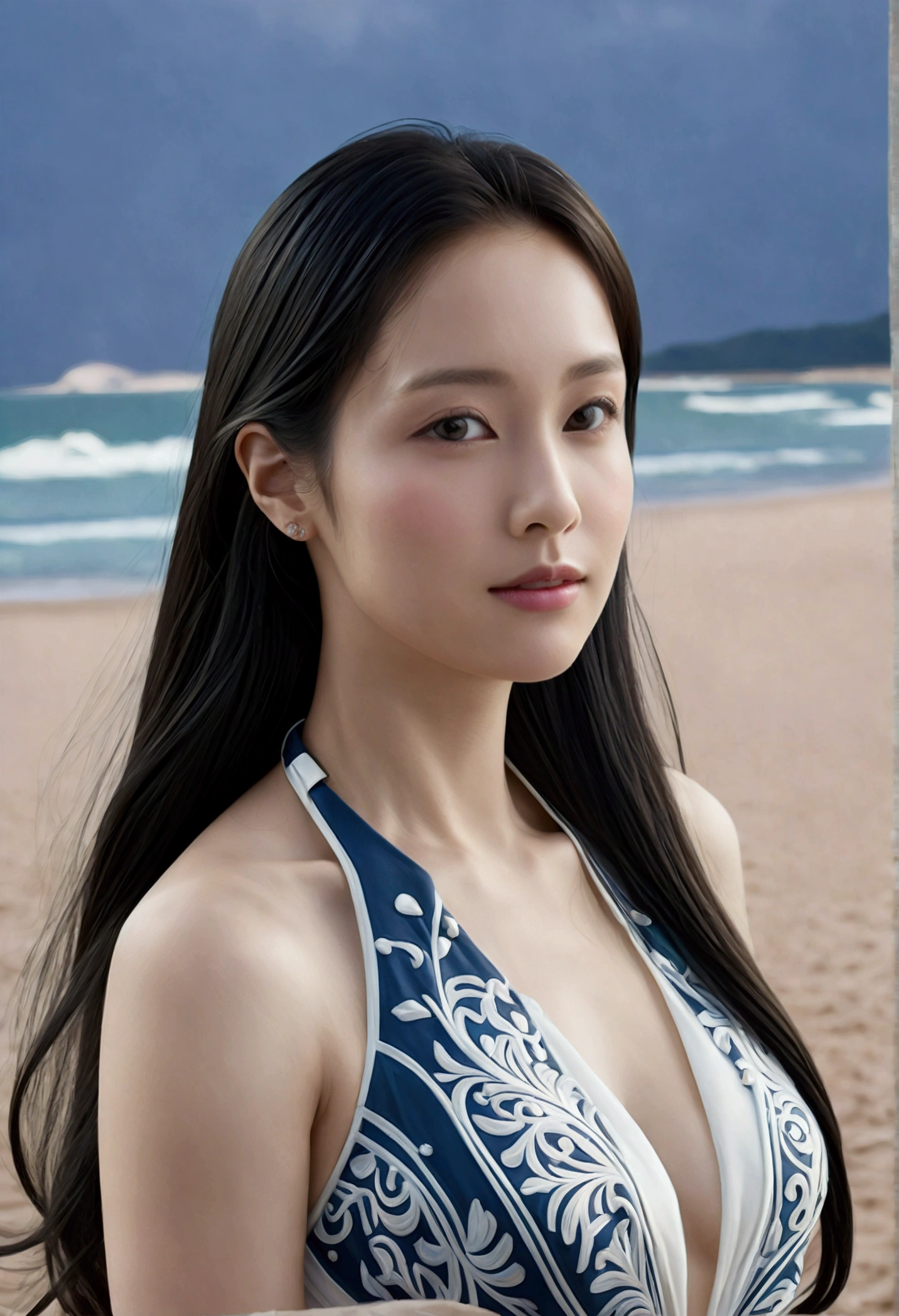 ((Masterpieces with up to 16K resolution:1.6)),Highest quality,it is really amazing,Very detailed,Ultra-high resolution,(Real:1.5),(Realistic:1.5),Increased depth of field,Cinematic Light,
Elegant mature woman,
Long black hair,(Exquisitely detailed face:1.5),Face with a gentle expression,Translucent white skin,Very sensitive skin,Great proportions,Anatomically correct body,
Sexy bikini swimwear,Artistic design,Beautiful and detailed pattern,Detailed fabric texture,Gorgeous necklace,
Coastal landscape at dusk,Dark clouds and dark sky,delay々Continuing sandy beach, Deserted Beach,Dark sea surface,
(Cowboy Shot:1.6),