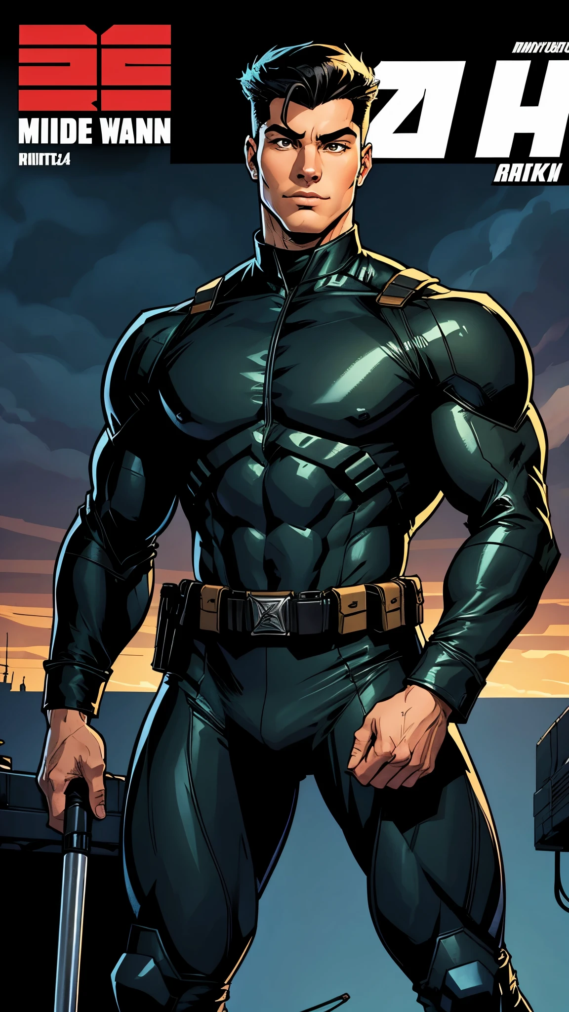 21-year-old man , middle black hair, muscular, military suit, COMIC STYLE