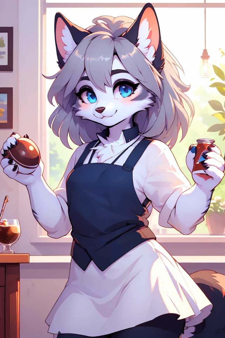 (anything), ((Masterpiece)) , ((Best Quality)), illustration, furry,
cat, animal ears, cola, body skin, 1 girl, to throw, Upper part of the body, 1 girl, Alone, wide, gray hair, *//*, blue eye, *//*, A white blouse, looking at the viewer, SMILE,