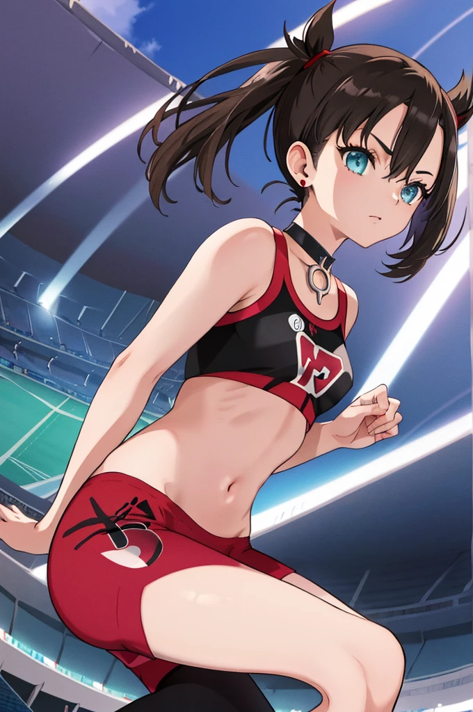 masterpiece, best quality, highres, hmmarnie, aqua eyes, black choker, red ribbon, earrings, jewelry, midriff, sports bra, bare shoulders, pants, leggings, from side, stadium,