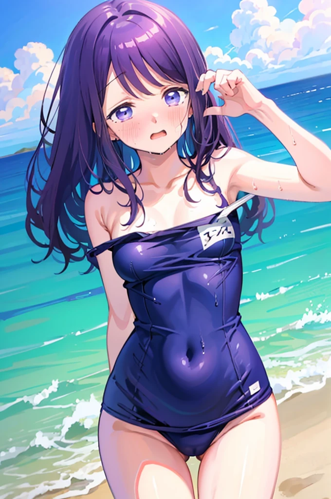 Random Swimsuit、Acme Face、Random pose、, Pale purple eyes、Pale purple eyes、Semi-long hair、nsfw、Highest quality、1 girl、solo、Ocean、Sandy Beach、Sexy pose、Random pose、Blushing、wet、Embarrassed、I can see half of my 、、One piece swimsuit、(Strap slip:1.3)、Swimsuits in random colors