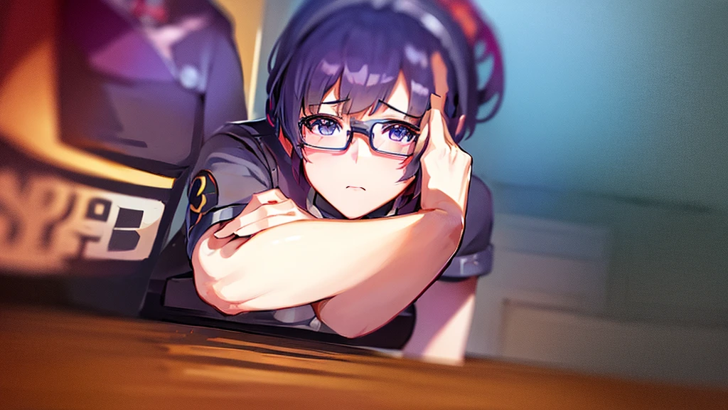 anime girl in a short skirt and glasses sitting on a desk, an anime drawing by Yang J, pixiv, what is?, seductive anime girl, (sfw) Insurance for work, beautiful anime girl squatting, on a desk, A hyperrealist , fine details. front line girls, the anime girl is crouching, Thighs!!!, soft anime cg art