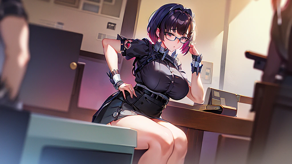 anime girl in a short skirt and glasses sitting on a desk, an anime drawing by Yang J, pixiv, what is?, seductive anime girl, (sfw) Insurance for work, beautiful anime girl squatting, on a desk, A hyperrealist , fine details. front line girls, the anime girl is crouching, Thighs!!!, soft anime cg art