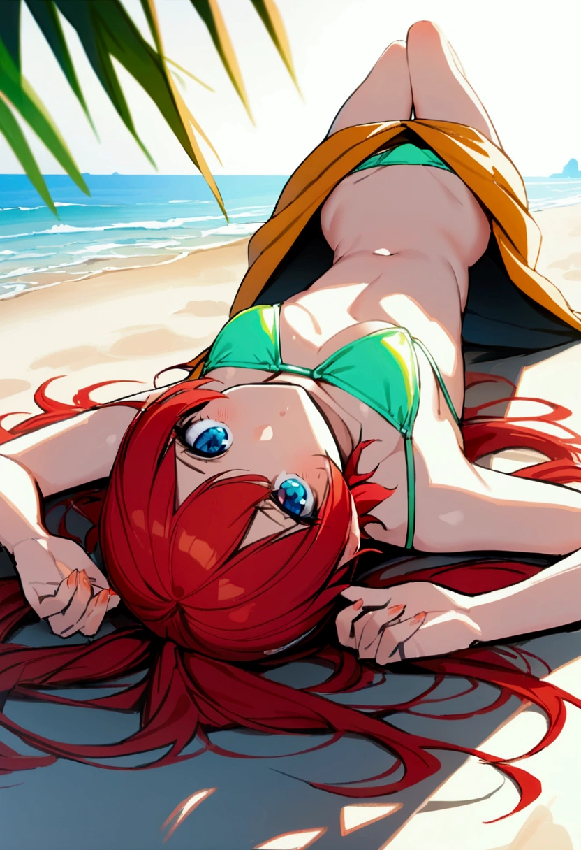 1womanl , smallbreast, big red hair,wearing a bikini on the beach lying or sitting,in a bold position.ultra quality, full HD 4k, vivid colors. 