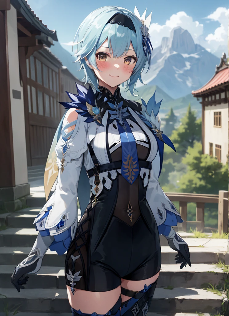 euladef, upper body, smile, blush, outdoors, day, simple background, blue sky, short hair, sky, temple, looking at viewer, stairs, mountain, moody lighting,
