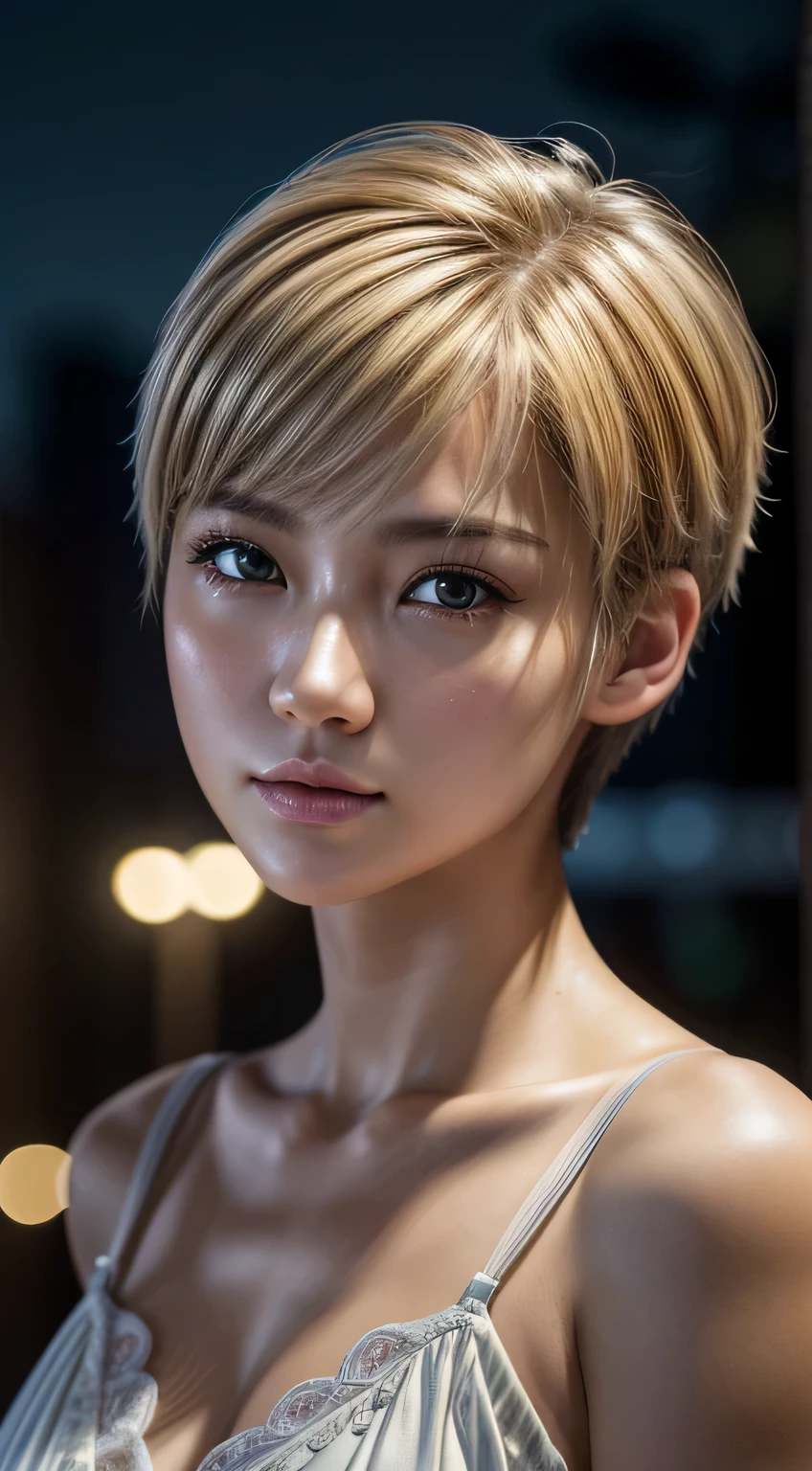 (masterpiece), Highest quality, (Very detailed CG Unity 64k wallpaper), 超High resolution, 超High resolution, maximalist, K UHD, High resolution, complex, complex details, Very detailed, In detail, Super detailed, Super high texture, Detailed Texture, Ultra-high pixel detail, (Ultra-realistic:1.3), Official photograph, High resolution, Digital SLR, photograph, people photograph, Professionally color coded, Fujifilm XT3, RAWphotograph, Uncompressed Images, Shallow depth of field, Full Color Depth, Sharp focus, Blake is awesome, nice, white, Thrilling scenes, Line, moonlight, night, Portraiture, (Platinum short hair), Touching her hair