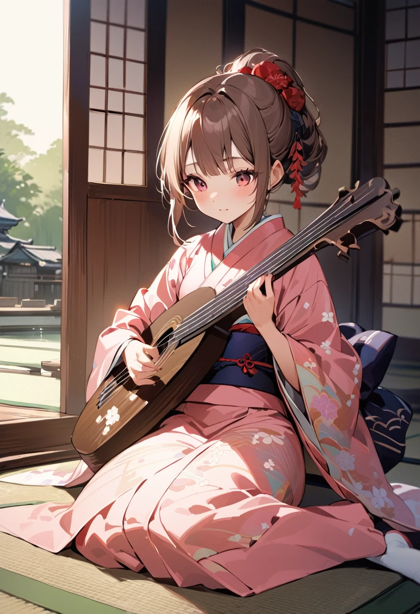 Young girl in a kimono, playing a shamisen, traditional Japanese setting, serene expression, intricate kimono patterns, tatami mat floor, paper sliding doors, soft natural lighting, style of traditional Japanese painting, detailed, cultural ambiance.