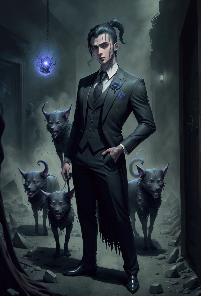 young man, full body on his side, wearing a suit, with several demonic oni dogs beside him in a dark place