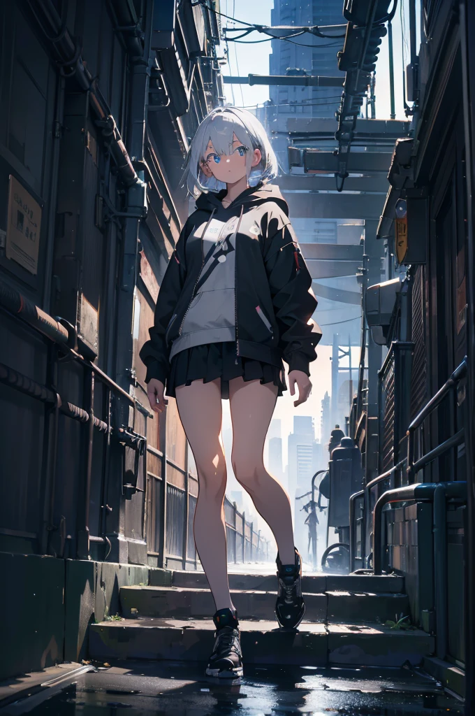 (masterpiece), (best quality), (ultra detailed), (high res 8K), 1 girl, late teenage, standing, contrappost, full body, low angle, hoody, mini-skirt, (katana), short hair, silver hair, serious, looking away, cityscape in Tokyo, night, rim lighting, high contrast, professional lighting, stunning face, symmetrical clear eyes, detailed eyes and face,(near future)