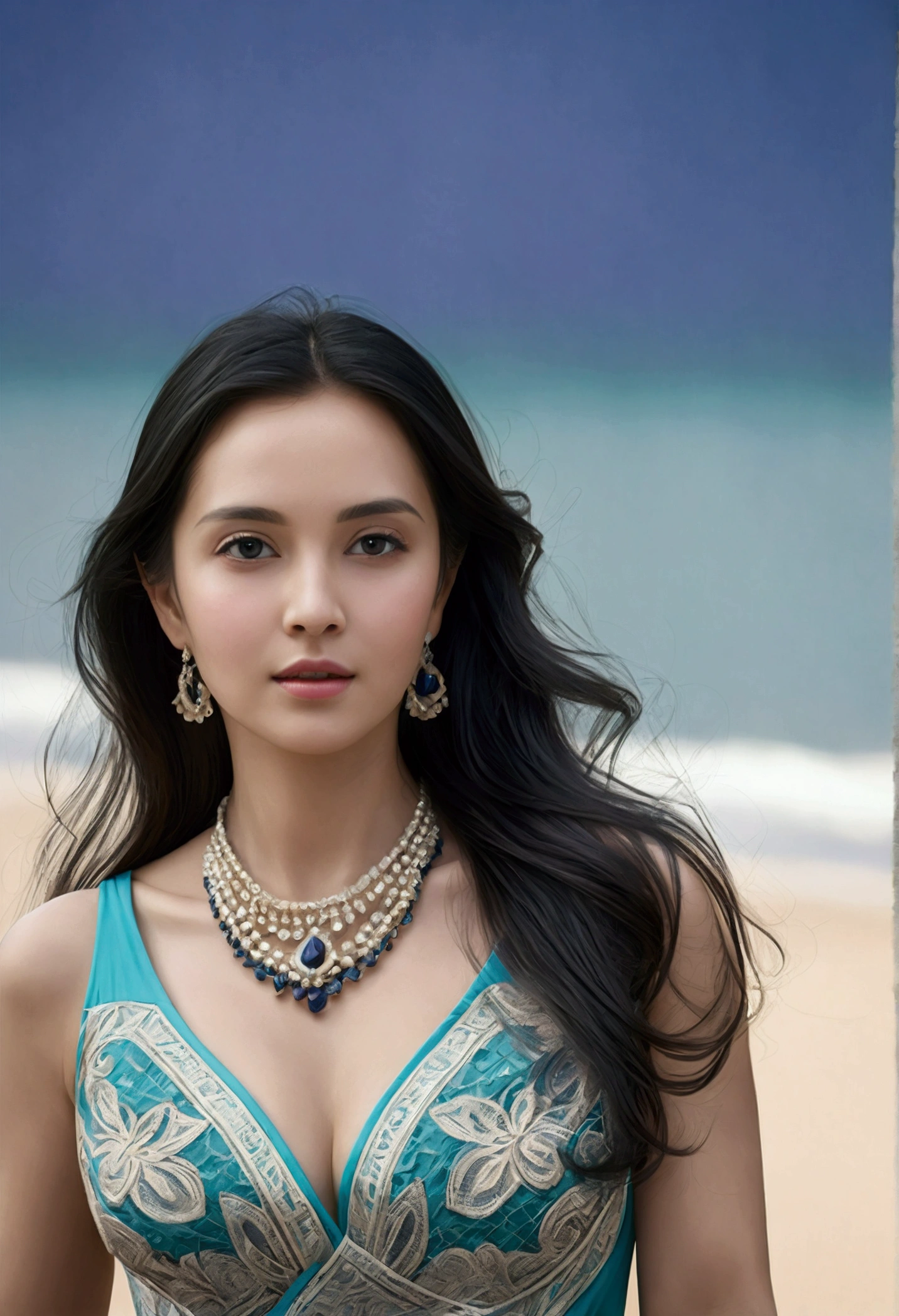 ((Masterpieces with up to 16K resolution:1.6)),Highest quality,it is really amazing,Very detailed,Ultra-high resolution,(Real:1.5),(Realistic:1.5),Increased depth of field,Cinematic Light,
Elegant mature woman,
Long black hair,(Exquisitely detailed face:1.5),Face with a gentle expression,Translucent white skin,Very sensitive skin,Great proportions,Anatomically correct body,
Sexy bikini swimwear,Artistic design,Beautiful and detailed pattern,Detailed fabric texture,Gorgeous necklace,
Coastal landscape at dusk,Dark clouds and dark sky,delay々Continuing sandy beach, Deserted Beach,Dark sea surface,
(Cowboy Shot:1.6),
