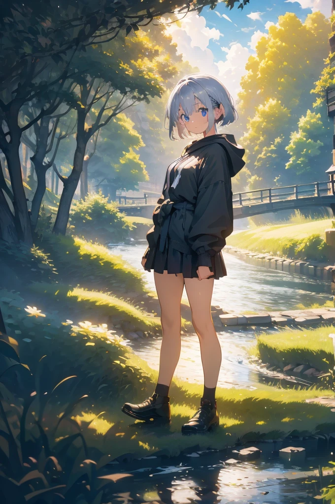 (masterpiece), (best quality), (ultra detailed), (high res 8K), 1 girl, late teenage, standing, contrappost, full body, low angle, hoody, mini-skirt, (katana), short hair, silver hair, serious, looking away, cityscape in Tokyo, night, rim lighting, high contrast, professional lighting, stunning face, symmetrical clear eyes, detailed eyes and face,(near future)